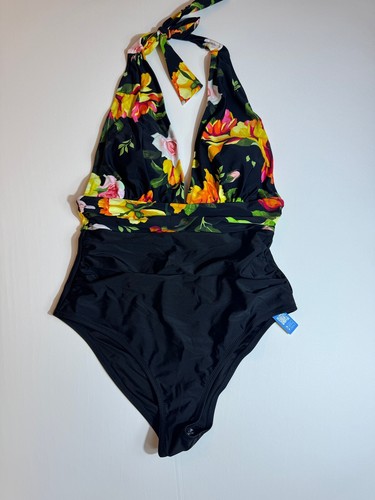 CUPSHE Women Underwire One Piece Floral Swimsuit Solid V Neck Bathing Suit Sz L - Picture 5 of 13