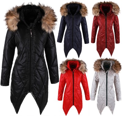 Warme Winterjacke Winterjacke Damen Schwarz Fell Lang Fell Kapuze