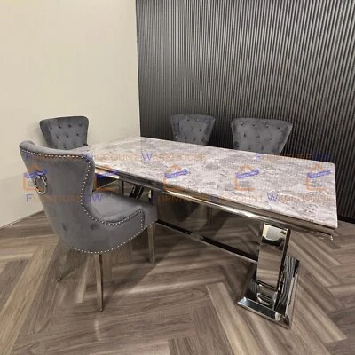 FURNITUREDW 1.8m Arriana Light Grey Marble Dining Table and 6 Seater Ring Knocker Chairs Set