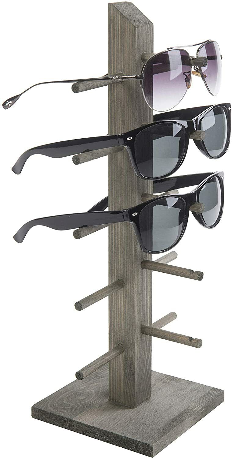 MyGift 5-Pair Vintage Gray Wood Sunglasses Tabletop Display Stand