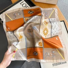 100% Silk 20'' Scarf Small Bandana Women Orange Horse Headband Kerchief Wrap