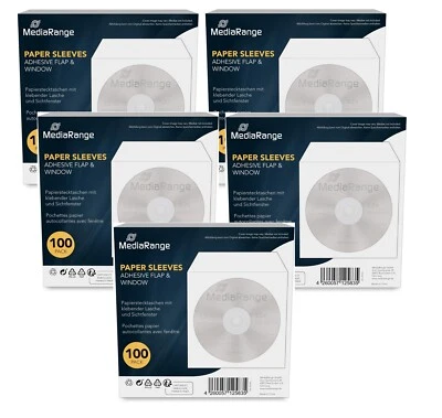 500 Mediarange CD DVD Paper Sleeves with Clear window adhesive Flap BOX62
