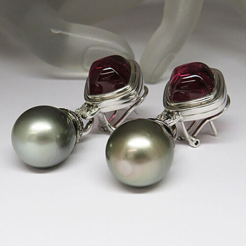 Brilliant Rubelite and Tahitian Pearl Drop Earrings in 750/18K White Gold - Picture 3 of 6