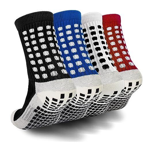 ELUTONG Kids Grip Soccer Socks Anti 8-12 Years #3 Black+red+white+blue(4 Pairs) - Picture 2 of 8