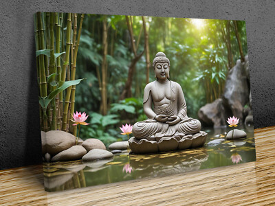 Buddha Sculpture  Meditation Bamboo Forest Sun Rays  mounted canvas print