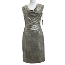 Vince Camuto Metallic Gold Cowl Drape Neck Midi Cocktail Dress sz 8 Party Shine