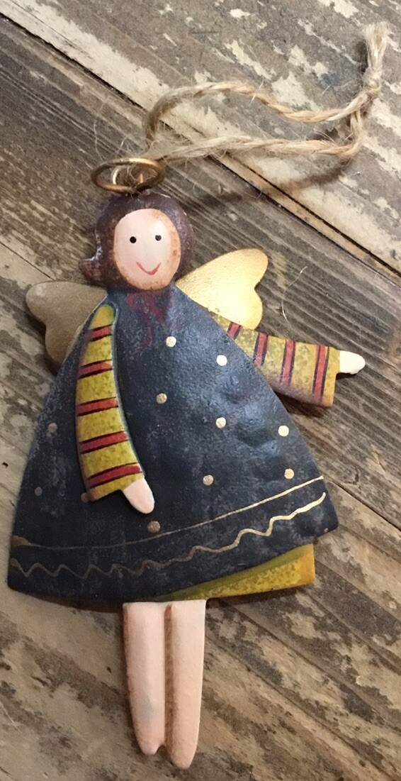 Vintage Angel Pressed Tin Metal Folk Art Style Hand Painted Christmas Ornament