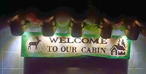 Welcome to Our Cabin Solar lighted sign Rustic Outdoors Sealed Floral hanging