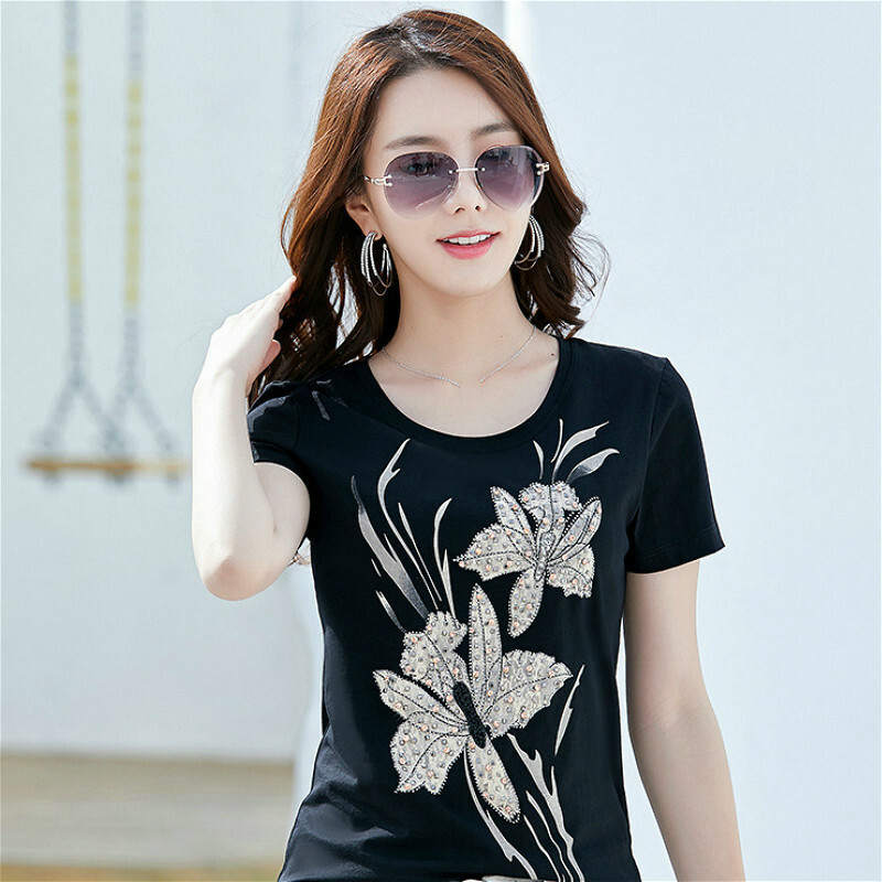 Women Girl Embroidered Floral T-shirt Cotton Blend Crew Neck Short Sleeve Top image 5