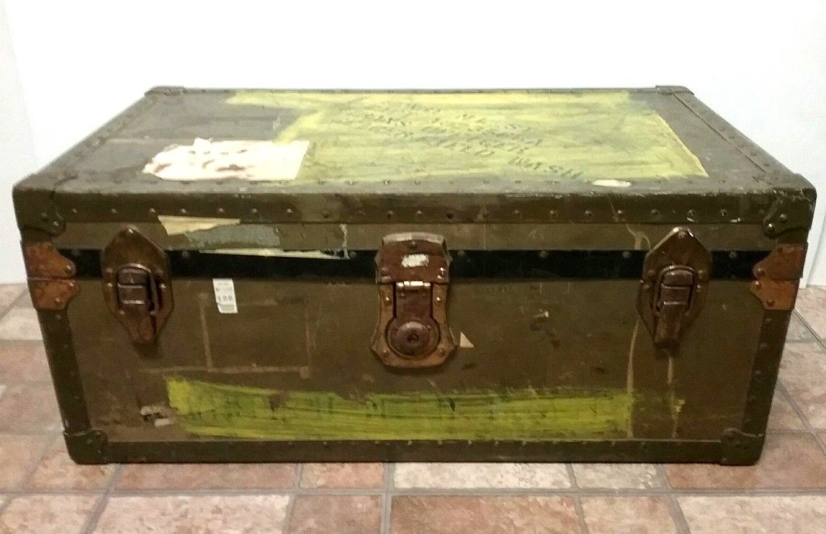 VTG. 1932 US Military Foot Locker METAL Storage Chest Trunk