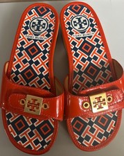 Tory Burch Dixon Wooden Platform Slides Clogs Sandals Orange Patent Leather-6M