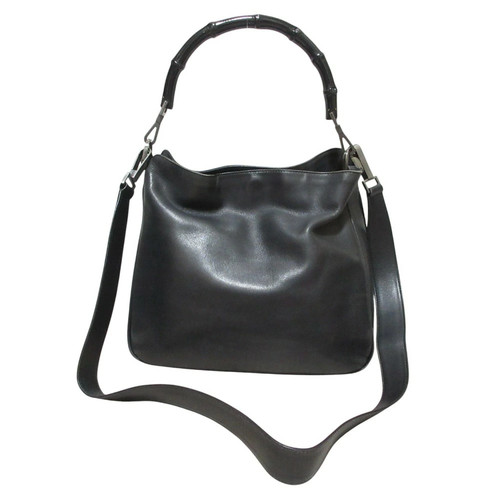 GUCCI Bamboo Handle Leather 2Way Handbag Black 10.2in tall