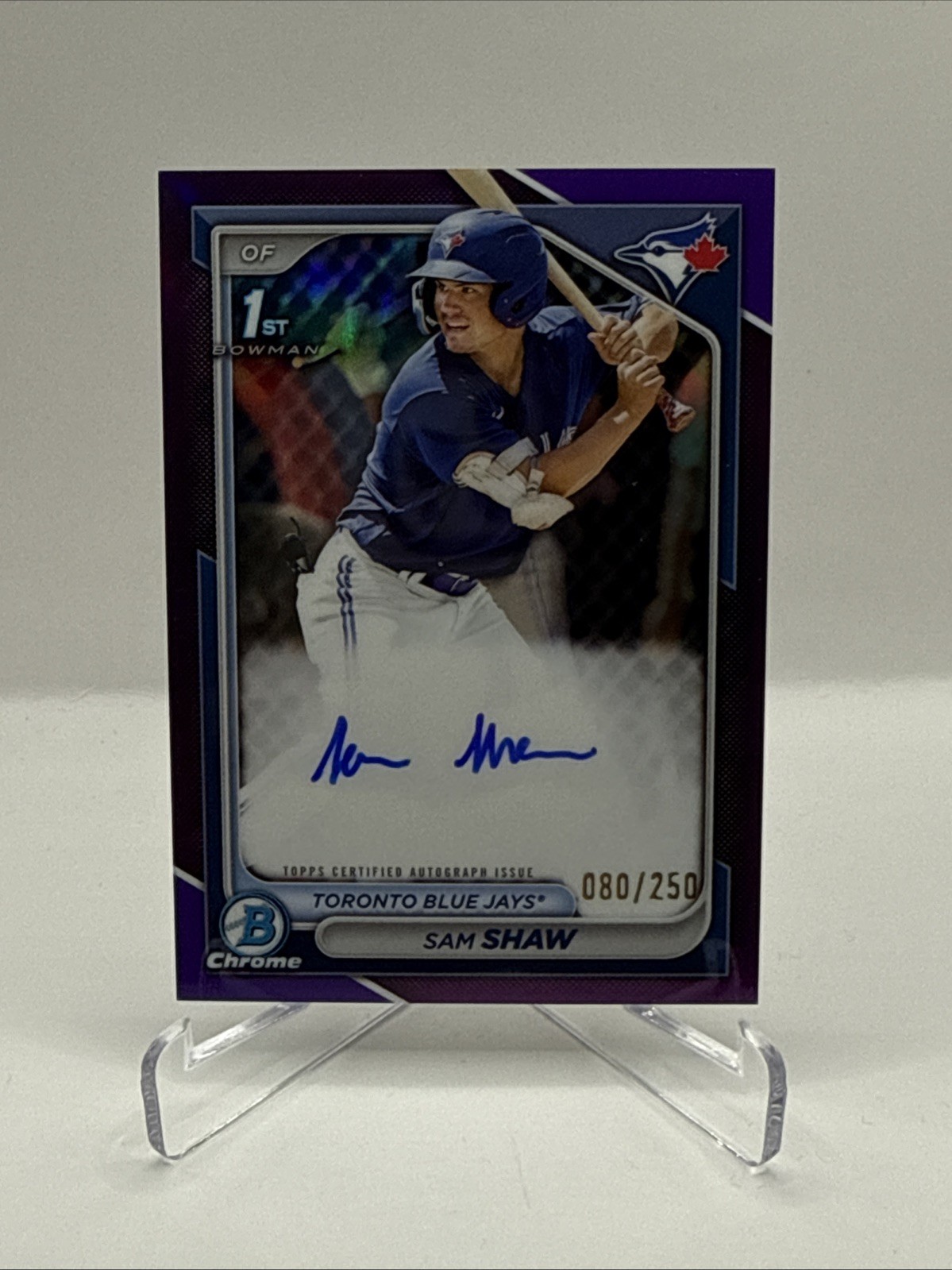 SAM SHAW 2024 BOWMAN CHROME 1ST PURPLE REFRACTOR AUTO /250 Toronto Blue Jays