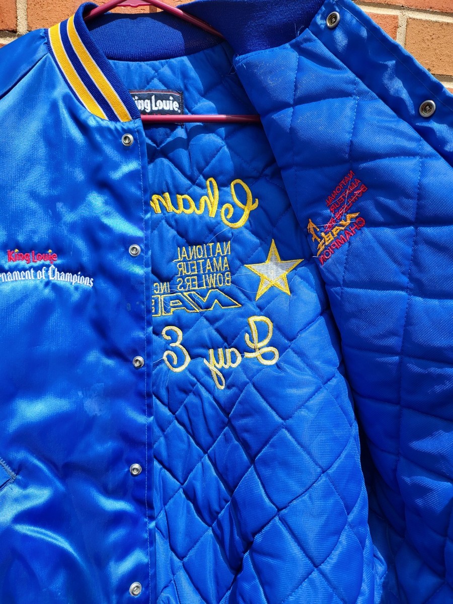🎳Vintage King Louie Blue satin bomber jacket Size L NABI Bowling