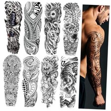 8 Sheets Full Arm Black Scary Temporary Tattoos for Men Adults, Temp pattern F