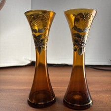 Beautiful Rubel Import 7 “ Ornate Handpainted Bud Vases Bohemian Brown