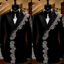 Luxury Men's Suit with Rhinestone Prom 2Pcs Black Formal Jacket Tuxedo Hosting