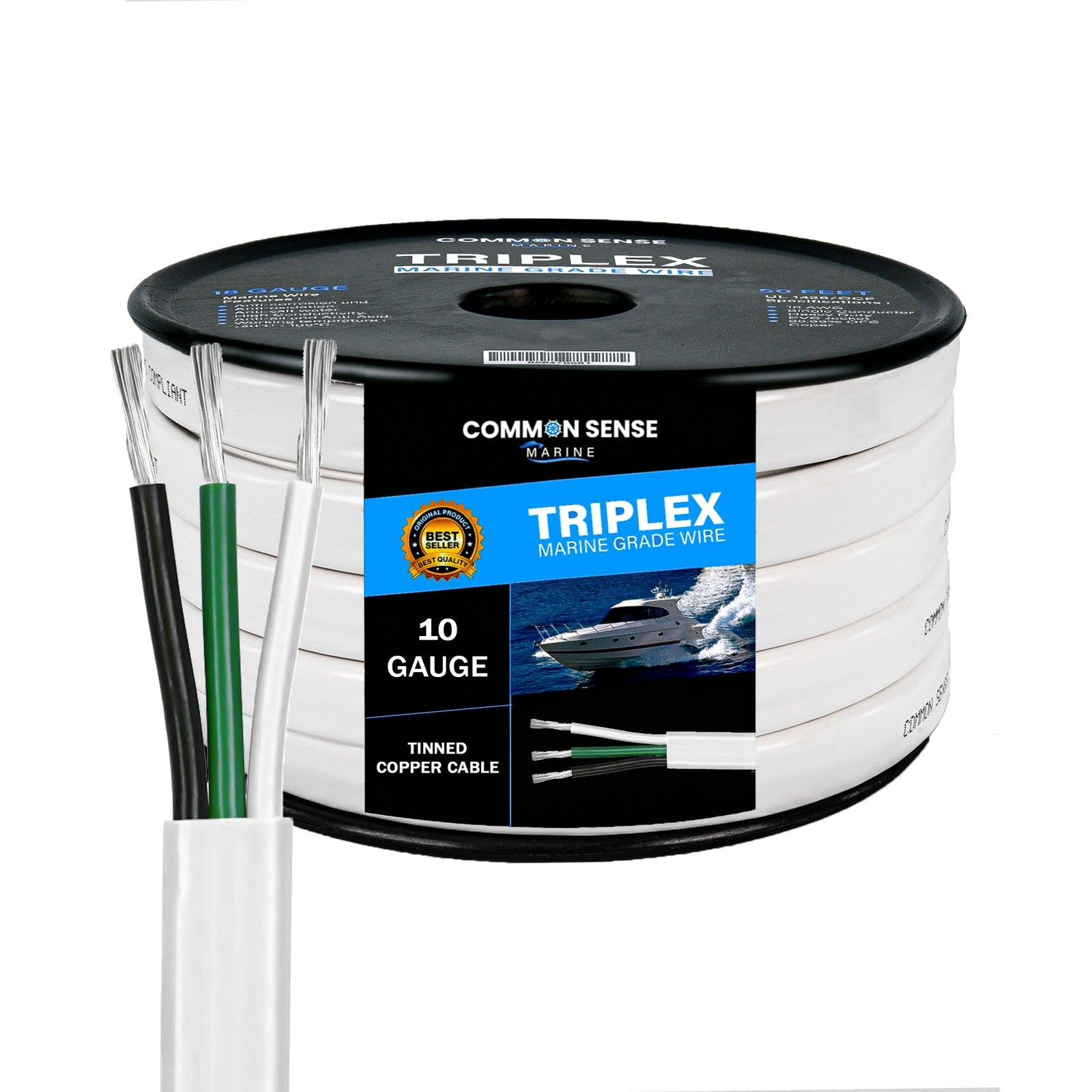 10 Gauge 3 Conductor Marine Wire - 60 ft Triplex Flat Tinned Copper Oxygen-Free