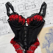 Vintage 90s Victoria s Secret Red and Black Lace Bodysuit with rose embroidery