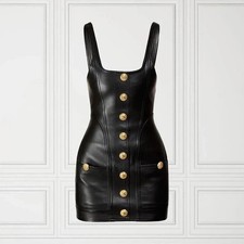 Women's Black Leather Dress Short Pure Lambskin Sexy Cocktail Dress S M L XL- 73