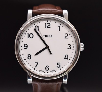 Timex Weekender 42mm White Dial INDIGLO Brown Leather Casual Minimalist Watch
