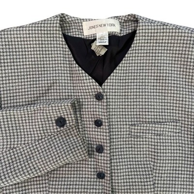 Jones New York Blazer 8 Black White Houndstooth Silk Rayon Collarless Jacket USA