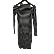 LAMade Black White Stripe Bodycon Cold Shoulder Dress Small New