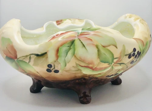 Vintage Hand Painted Bavaria Czech Footed Fruit Leaves Nut Candy Bowl Luster