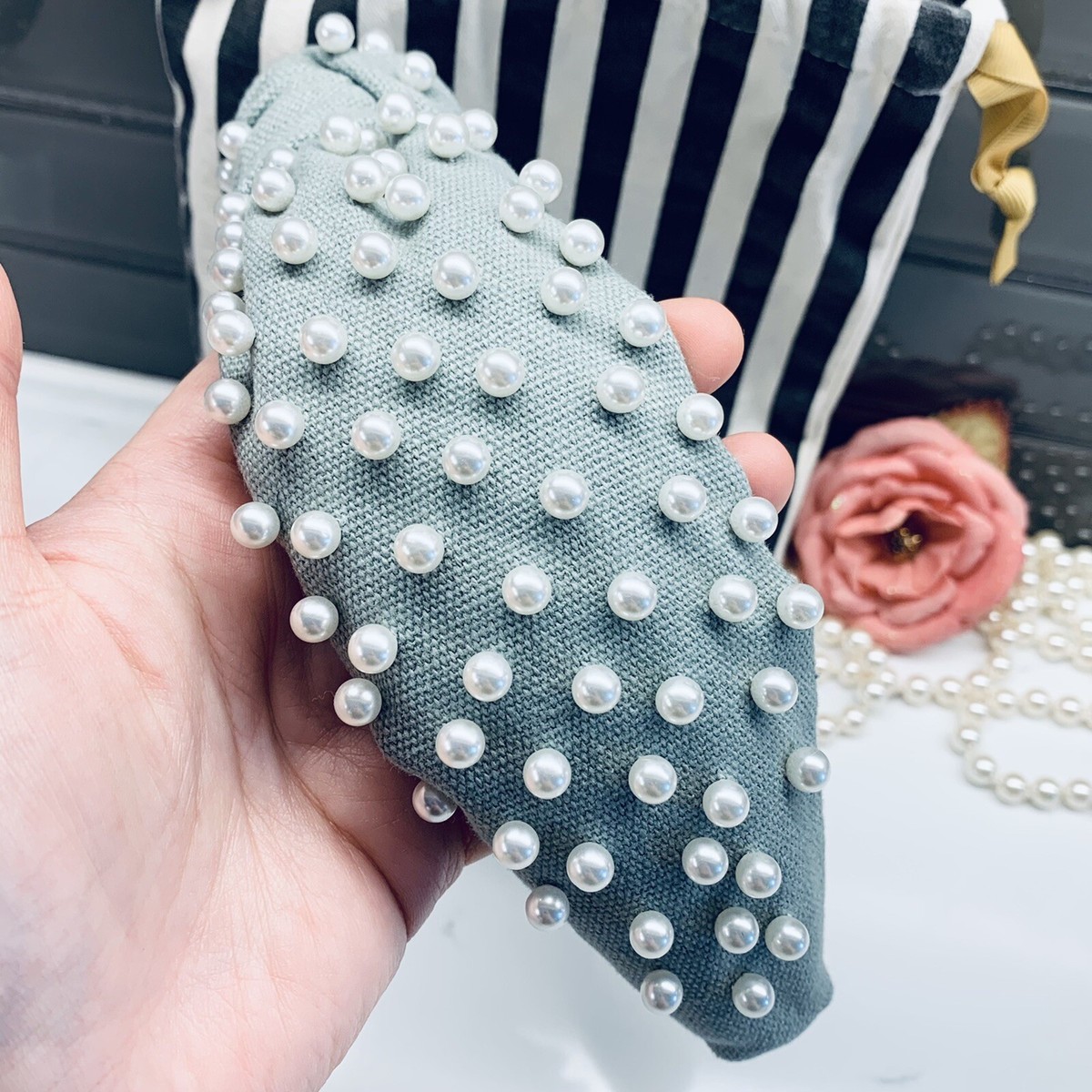Lele Sadoughi Dove Grey Beaded Woven Headband Brand New | eBay display picture 2