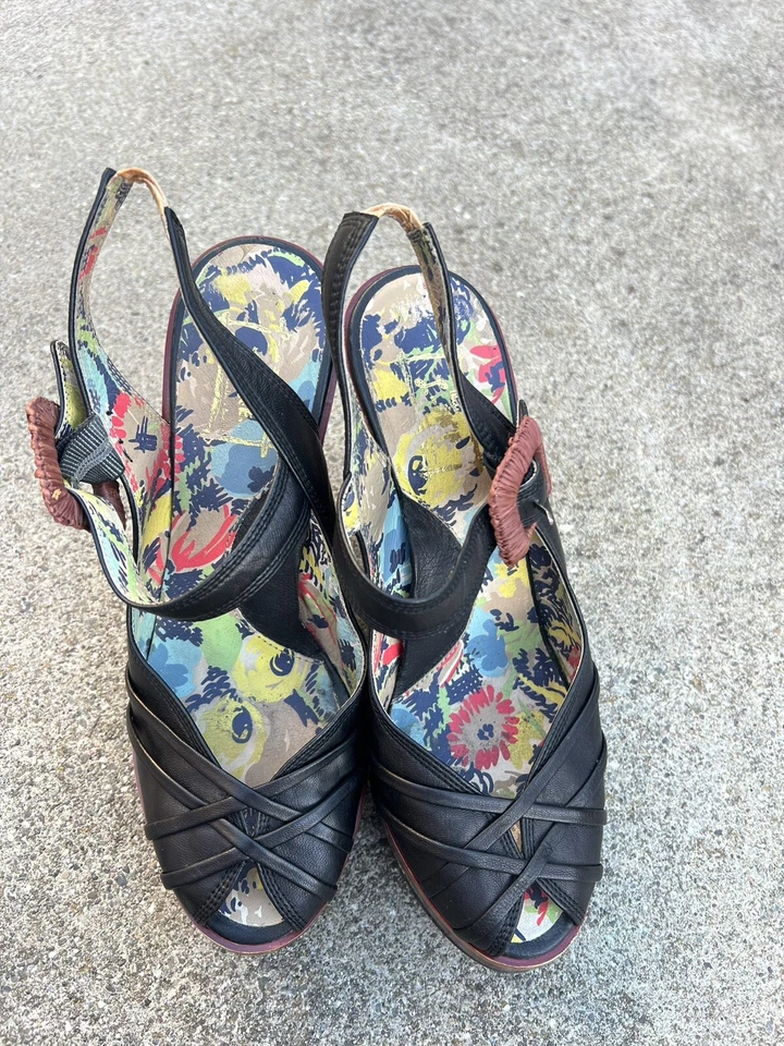 Sandalias de plataforma Miss L-Fire Rockabilly de cuero marrón con tacón de madera RARAS talla 9 Foto 2 de 4