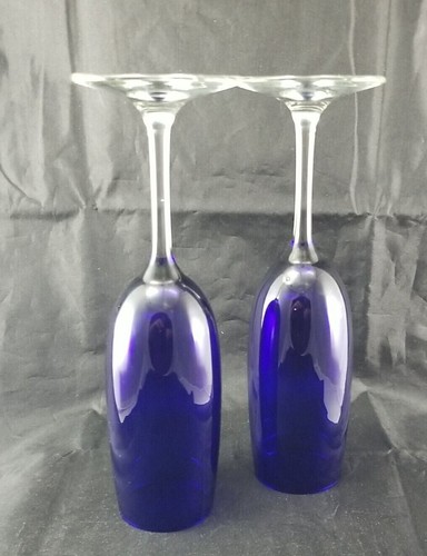 Cobalt Blue Champagne Flutes Glasses Toasting 7.75” H Clear Stem Glass Set Of 2 - Picture 3 of 4