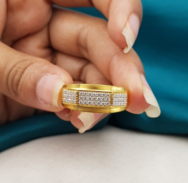 Abstract 22K Gold Ring Men Half Eternity Round Cut Three Line CZ