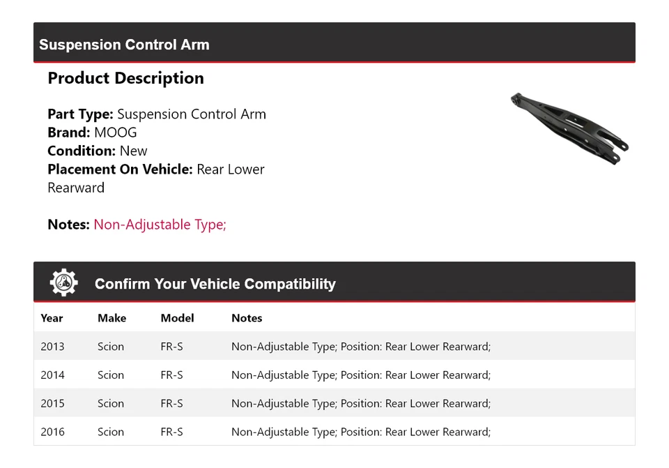 Brazo de control de suspensión trasero inferior trasero MOOG 2013-2016 Scion FR-S Foto 2 de 4