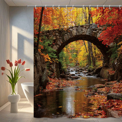 Autumn Forest River Bridge Shower Curtain Fall Leaves Nature Bathroom