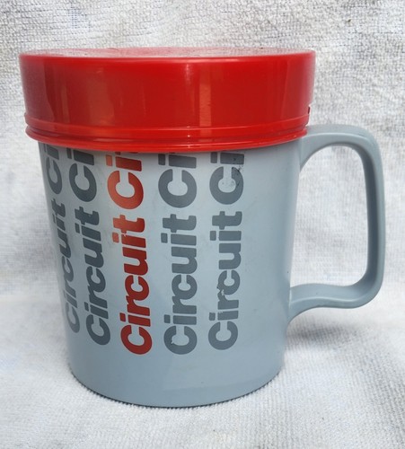 CIRCUIT CITY Vintage Coffee Drink Mug Cup & Lid Plastic Ad Retail Electronics