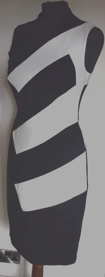 Vestido Karen Millen Negro Marfil Diagonal Rayas Movible Lápiz Ocasión Reino Unido 10 Foto 2 de 4