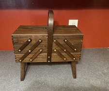 Vintage Mid Century Wood Expandable Sewing Jewelry Box 3 TIER Dovetail