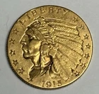 AU 1915 Indian Head Gold Quarter Eagle, All Original U.S. $2.50 Almost UNC