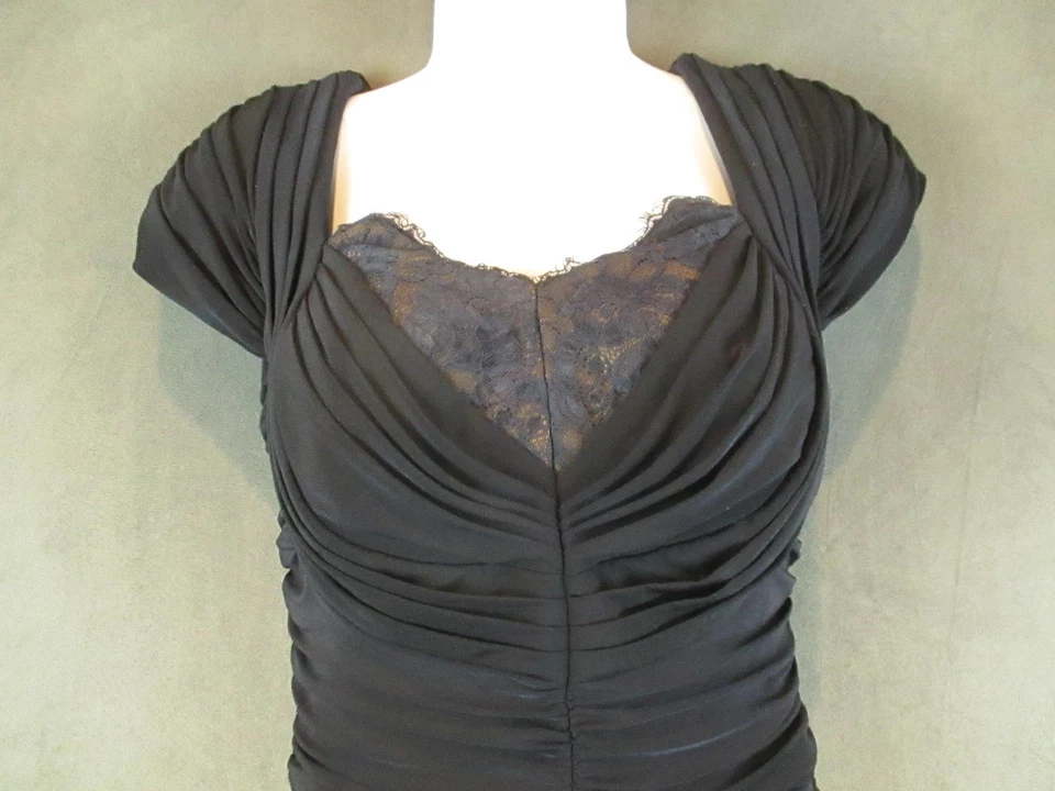 Vestido Tadashi Shoji Para Mujer XS Negro Acanalado Encaje Manga Gorra Bodycon Midi Cóctel Foto 2 de 4