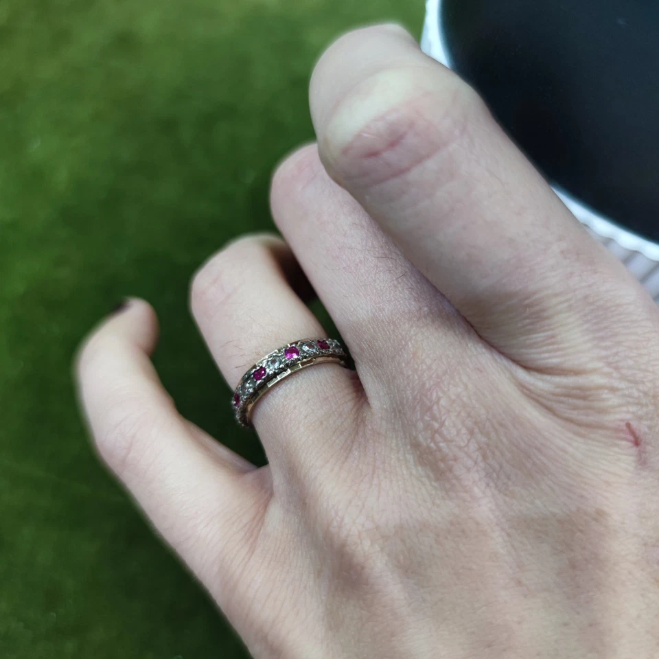 Anillo Oro Amarillo 9ct Piedras Rubí y Espinela Anillo Sello Talla J 1/2 Foto 2 de 4