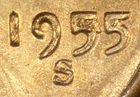 BU Red 1955-S RPM-002 S/S Lincoln Wheat Cent with Die Chips Filled 5's