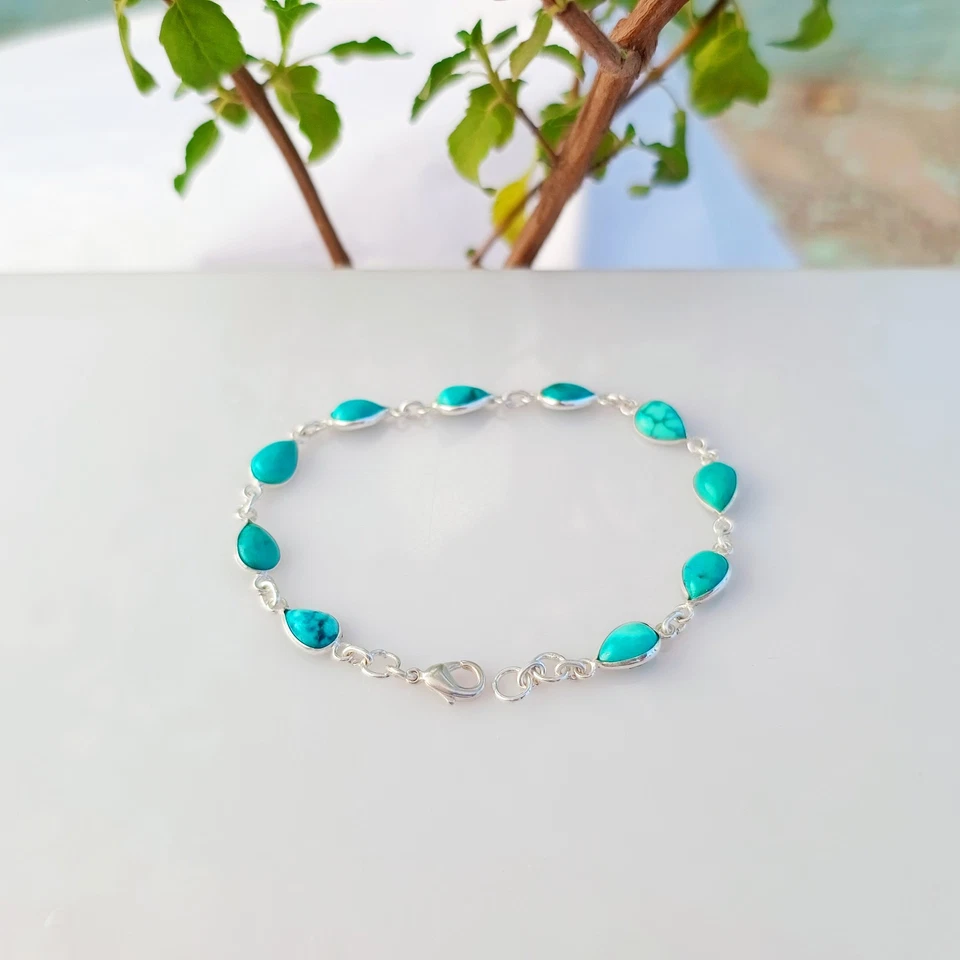 Natural Turquoise Gemstone Bracelet 925 Sterling Silver Handmade Jewelry - Image 3 of 4