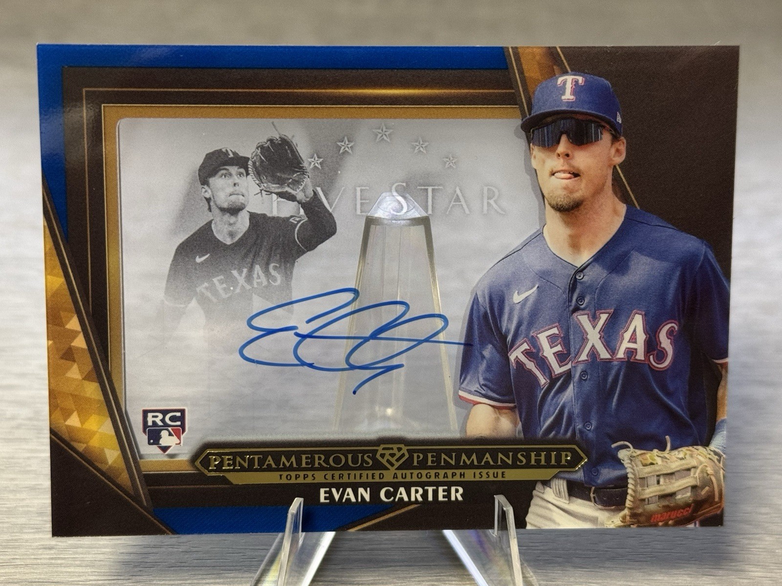 Evan Carter 2024 Topps Pentamerous Penmanship/15 Rookie On Card Auto #Rangers