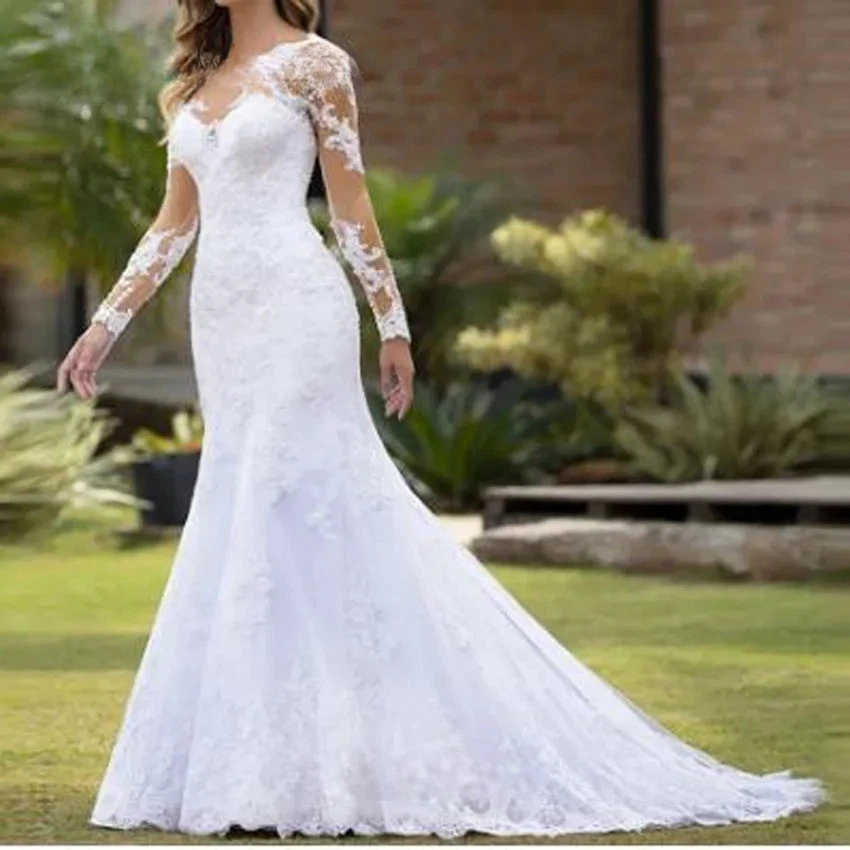 Иллюзия назад с пуговицами Америка богемное русалка свадебные платья кружева вышивка - Изображение 2 из 4