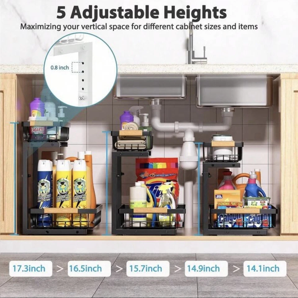 Under Sink Organizer Storage 2 Pack, 2 Tier Slide Out Height Adjustable Pull Out - Image 3 of 4