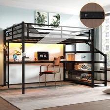 Queen Loft Bed with Desk and Storage Stairs Metal Loft Beds with LED Lights