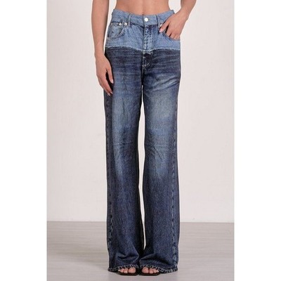 Elan Jade Sweatpant Jean Two Tone Blue Wide Leg Denim High Rise Womens Size M