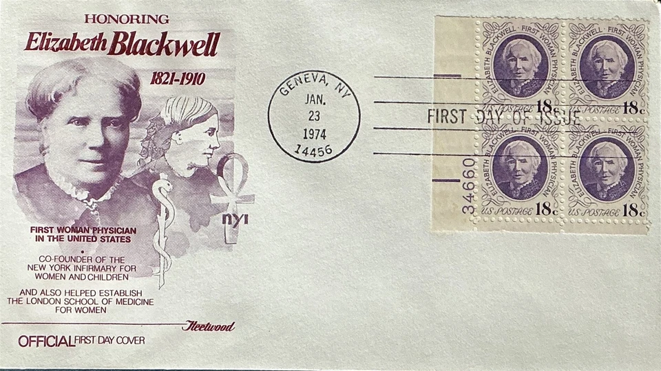 Artmaster 1399 Elizabeth Blackwell MD Geneva College NY Great Woman Plate Block - Image 1 of 1