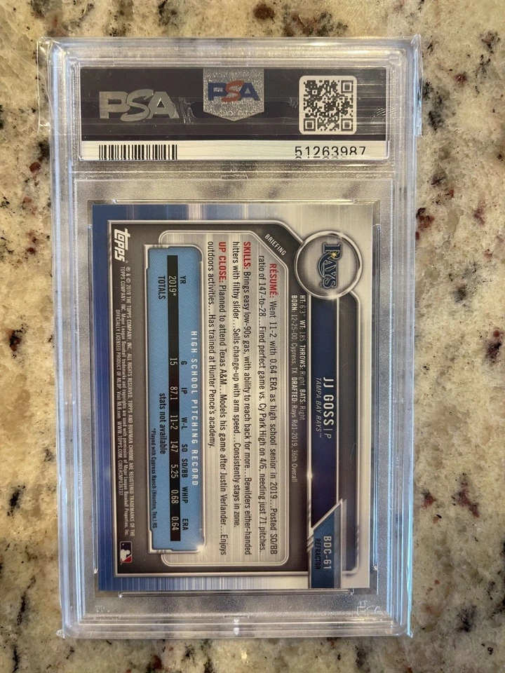 2019 BOWMAN CHROME DRAFT JJ GOSS REFRACTOR PSA 10 GEM MINT RAYS BDC-61 - Image 2 of 2