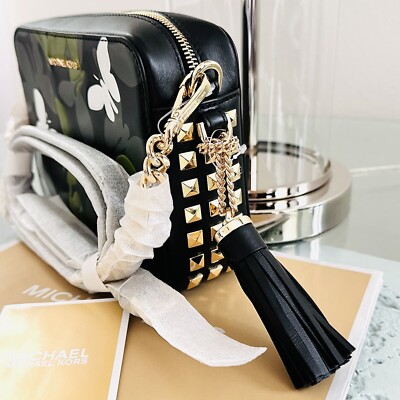 NWT Michael Kors Studded Leather Crossbody Medium Zip Chain Butterfly Camo  Ginny